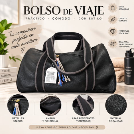 Bolso de Viaje Negro con Textura de Piel y Asas de Lona Resistentes