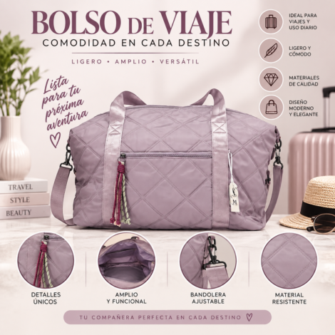 Bolso de Viaje Acolchado Malva con Bandolera Ajustable y Gran Capacidad